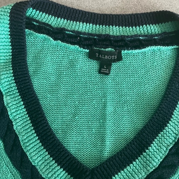 [L]Talbots Mint and Black V-Neck 100 Linen Sweater - Picture 2 of 6